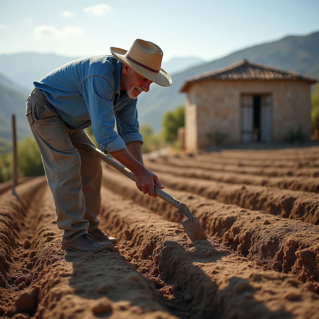 Agricultor preparando el terreno de secano con azada antes de plantar cormos de azafrán
