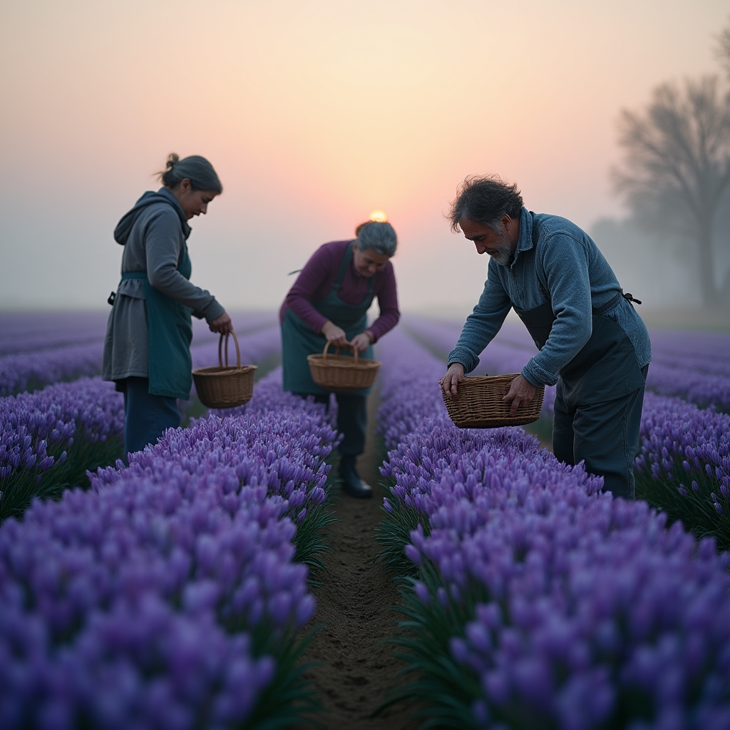 Recolección manual de flor de azafrán al amanecer en una finca de secano