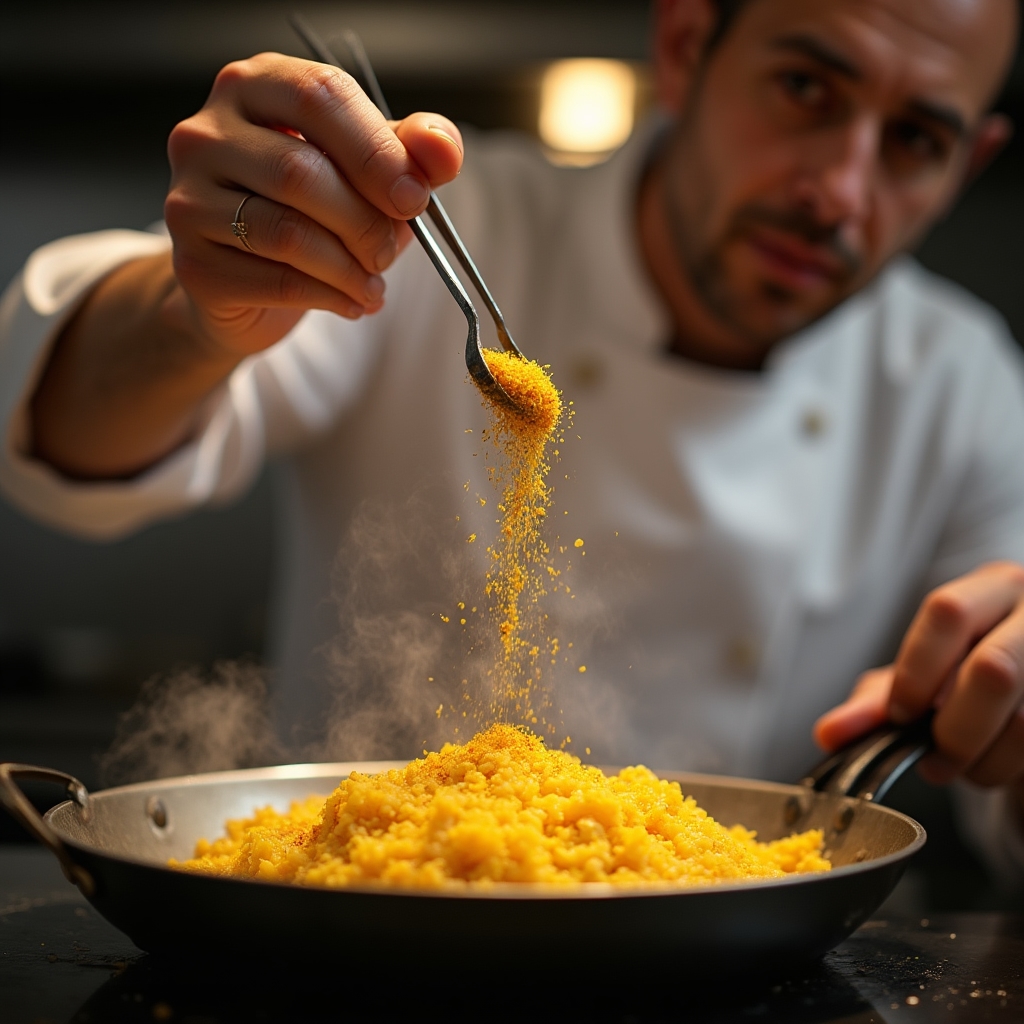 Cocinero preparando un plato con hilos de azafrán en una cocina de restaurante